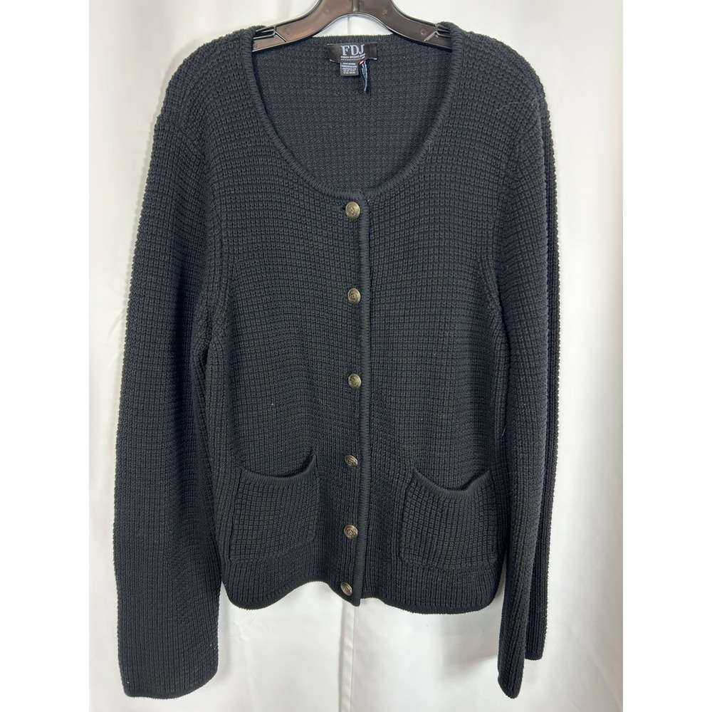 Quiet Luxury 100% Cotton Black Waffle Knit Button Front Cardigan Sweater FDJ XL